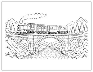 Train Crossing a Bridge coloring page – printable line art