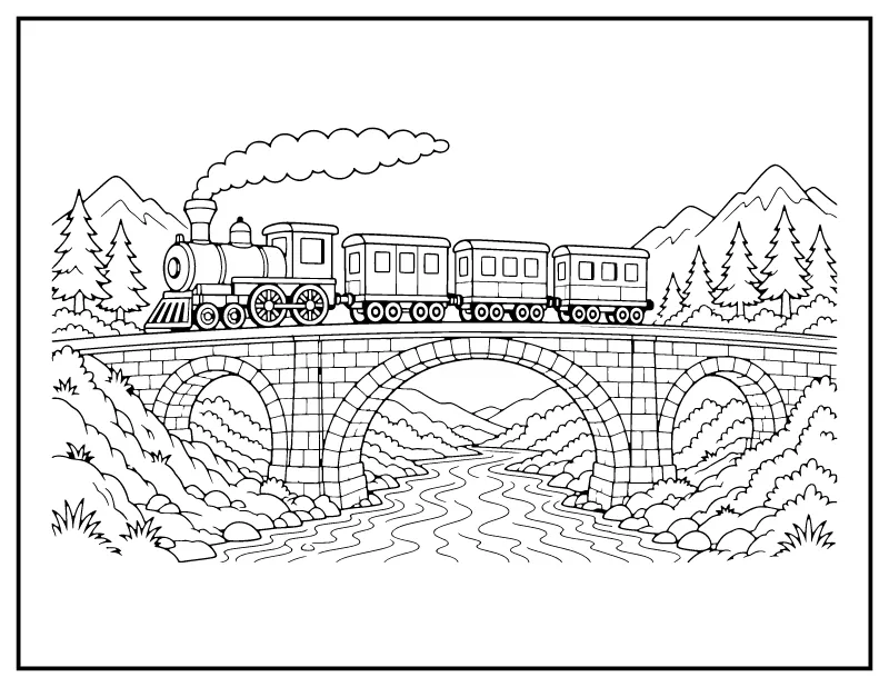 Train Crossing a Bridge coloring page – printable black and white line art