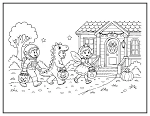 Trick-or-Treaters in Costumes on the Path coloring page – printable line art