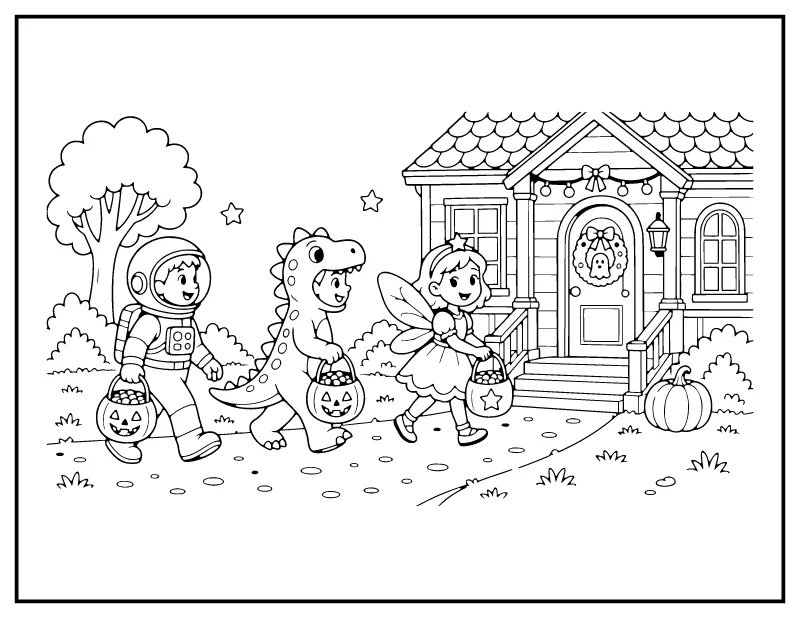 Trick-or-Treaters in Costumes on the Path coloring page – printable black and white line art