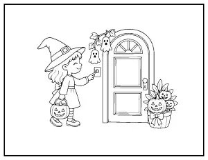 Little Witch Ringing the Doorbell coloring page – printable line art