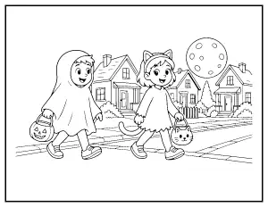 Ghost and Cat Costumes on the Street coloring page – printable line art
