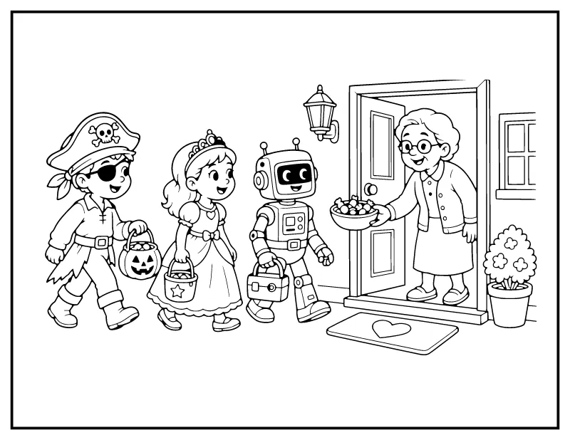 Trick-or-Treaters at Grandma's Door coloring page – printable black and white line art