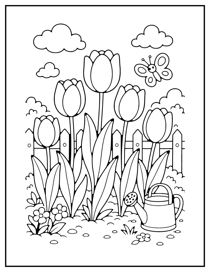 Tulip Garden coloring page – printable black and white line art