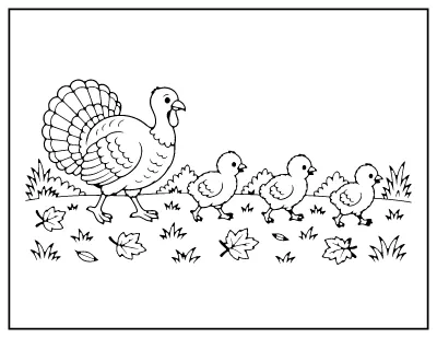 Turkey Family Walk coloring page – printable line art