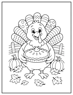 Turkey with Pumpkin Pie coloring page – printable line art