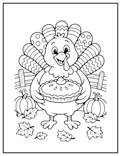 Turkey with Pumpkin Pie coloring page – printable line art