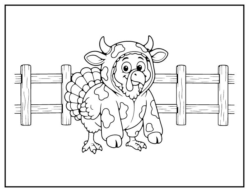 Turkey in Disguise as a Cow coloring page – printable black and white line art