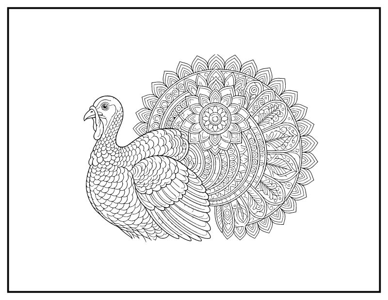 Turkey Mandala coloring page – printable black and white line art