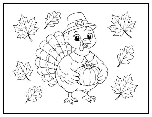 Cute Turkey in a Pilgrim Hat with a Pumpkin coloring page – printable line art