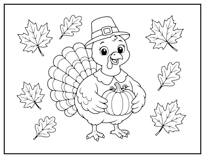 Cute Turkey in a Pilgrim Hat with a Pumpkin coloring page – printable black and white line art