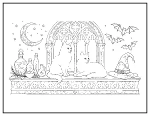 Two Cats on a Gothic Windowsill coloring page – printable line art