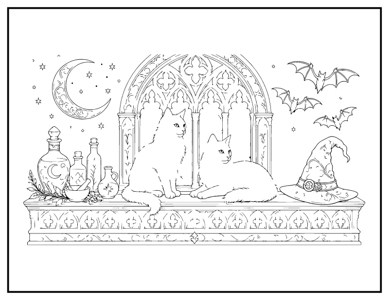 Two Cats on a Gothic Windowsill coloring page – printable black and white line art