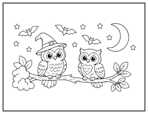 Two Owls on a Branch in the Moonlight coloring page – printable line art