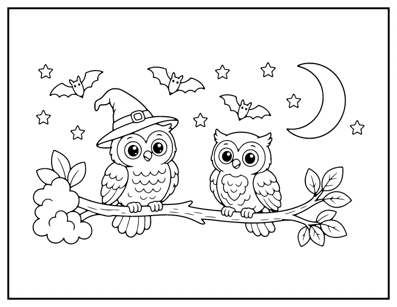 Two Owls on a Branch in the Moonlight coloring page – printable black and white line art