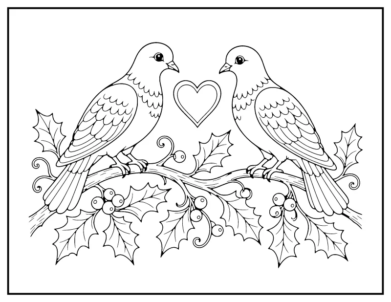 Two Turtle Doves with Holly coloring page – printable black and white line art
