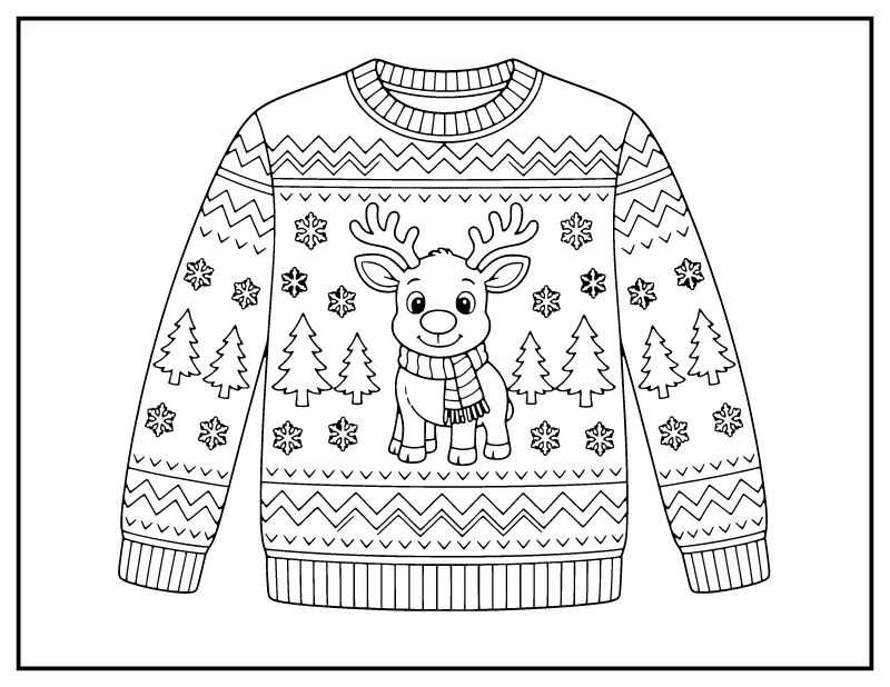 Christmas Sweater with a Reindeer coloring page – printable black and white line art