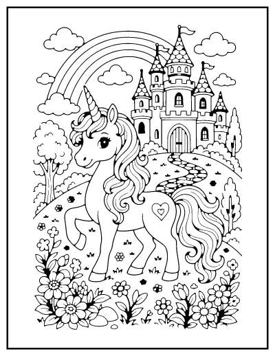 Unicorn and Fairy-Tale Castle coloring page – printable line art