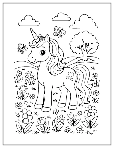 Unicorn in a Flower Meadow coloring page – printable line art