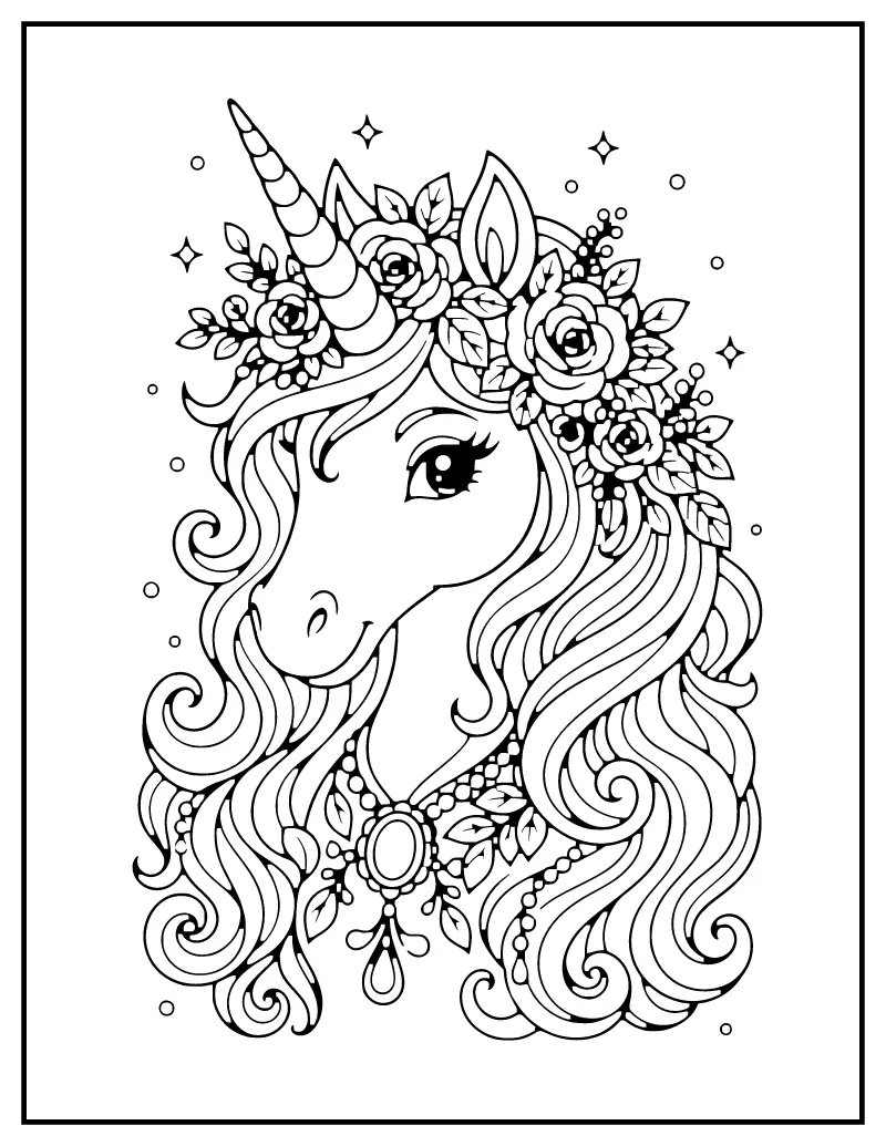 Unicorn Portrait with Flower Crown coloring page – printable black and white line art