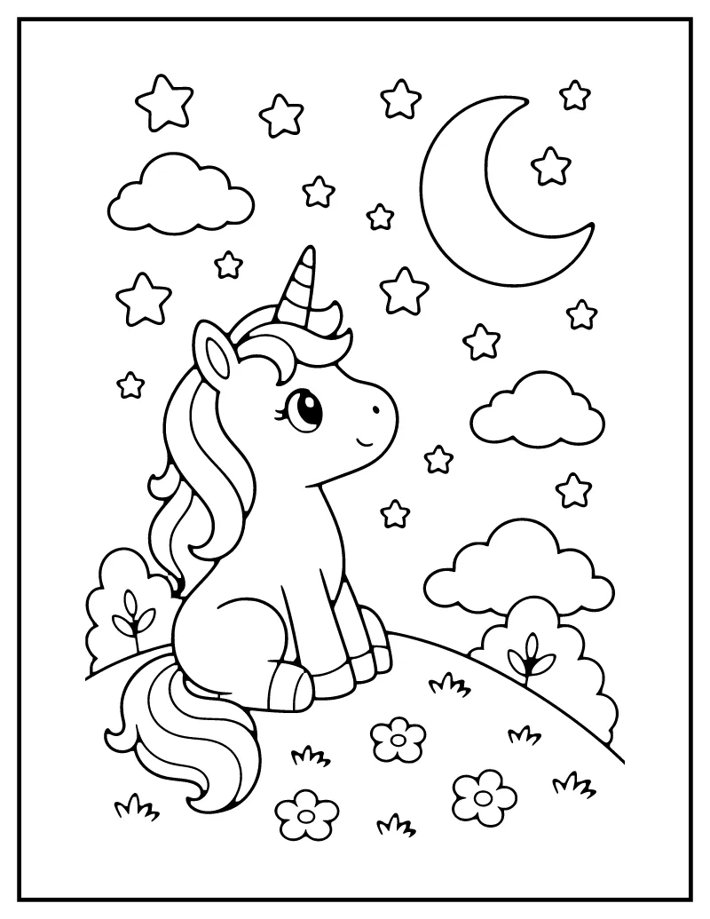 Unicorn Under the Stars coloring page – printable black and white line art