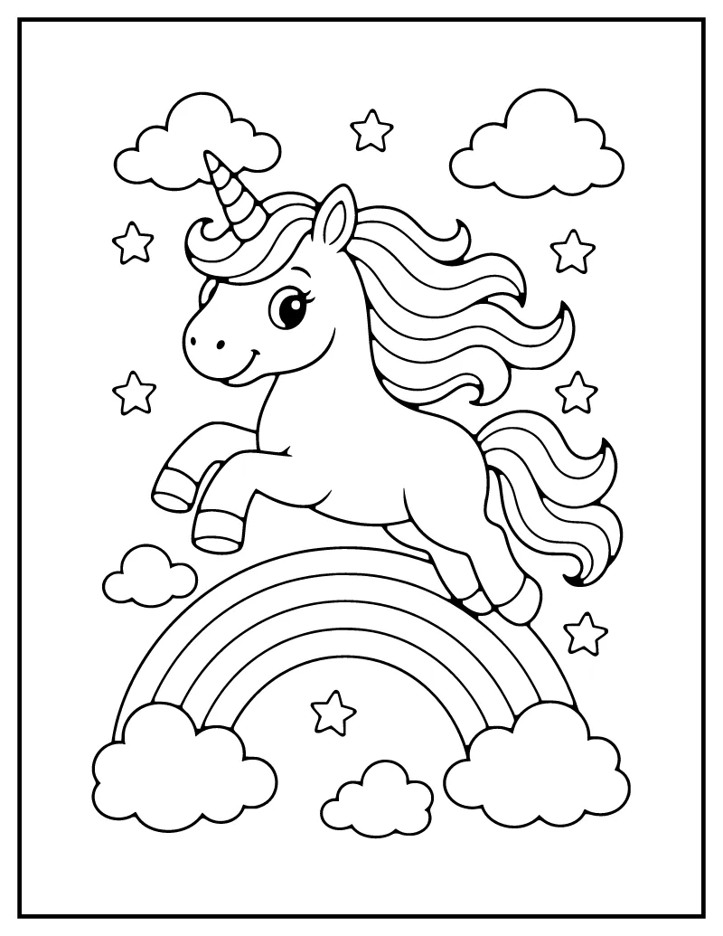 Unicorn with Rainbow coloring page – printable black and white line art