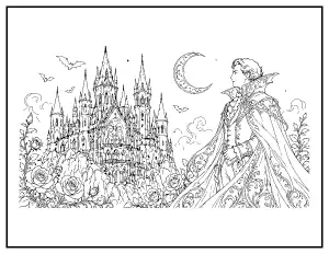 Vampire Count and Gothic Castle coloring page – printable line art
