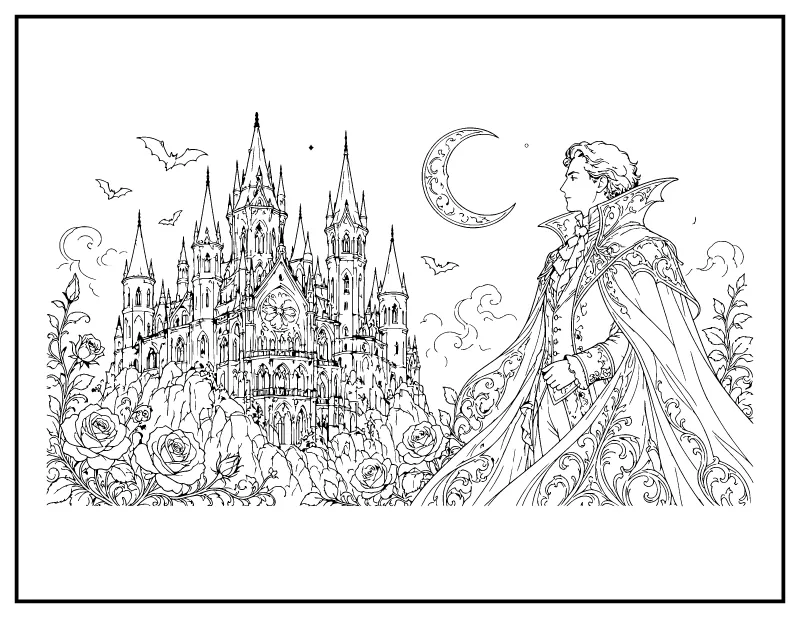 Vampire Count and Gothic Castle coloring page – printable black and white line art