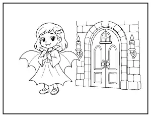 Little Vampire Girl at the Castle Door coloring page – printable line art