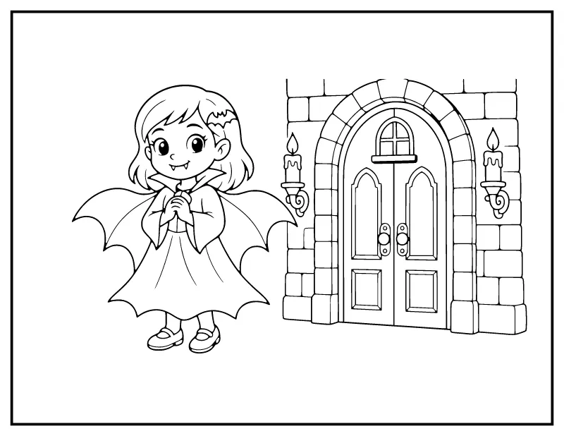 Little Vampire Girl at the Castle Door coloring page – printable black and white line art