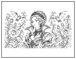 Vampire Lady in a Gothic Gown with Roses coloring page – printable line art