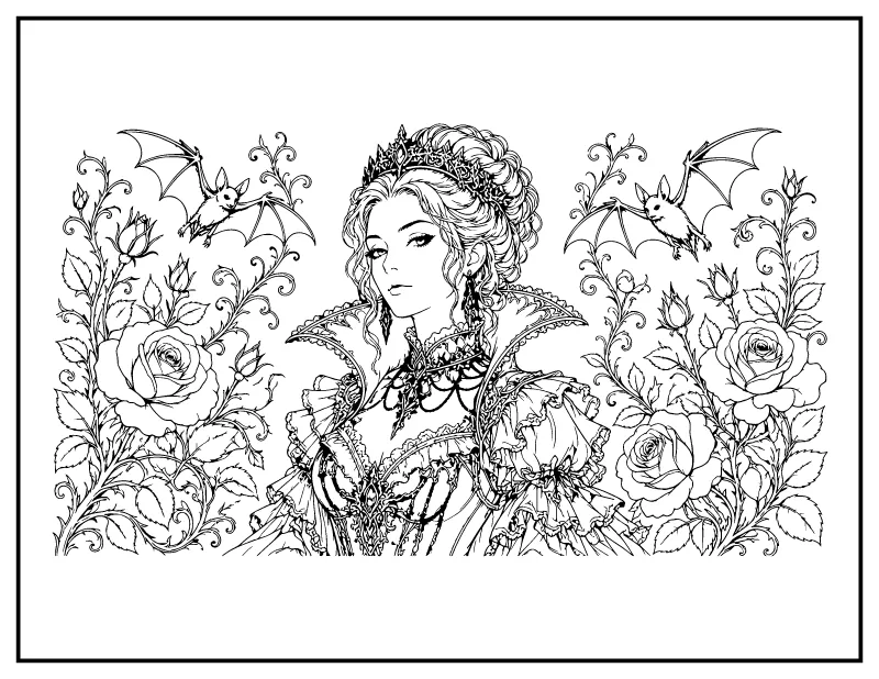 Vampire Lady in a Gothic Gown with Roses coloring page – printable black and white line art