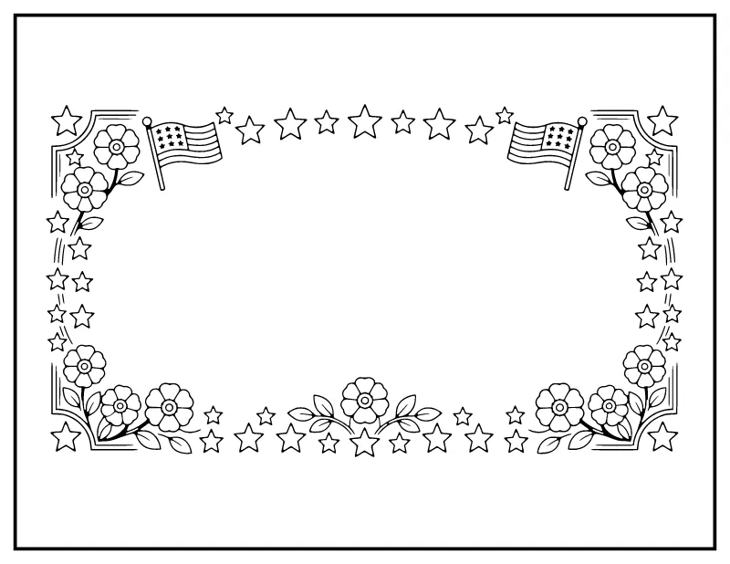 Veterans Day Card Frame with Stars and Flags coloring page – printable black and white line art