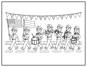 Veterans Day Parade with Marching Band coloring page – printable line art