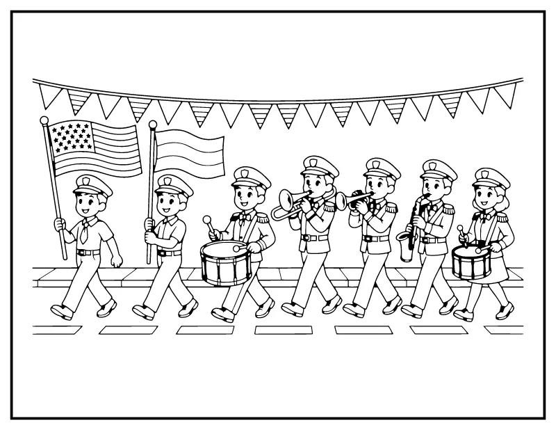 Veterans Day Parade with Marching Band coloring page – printable black and white line art