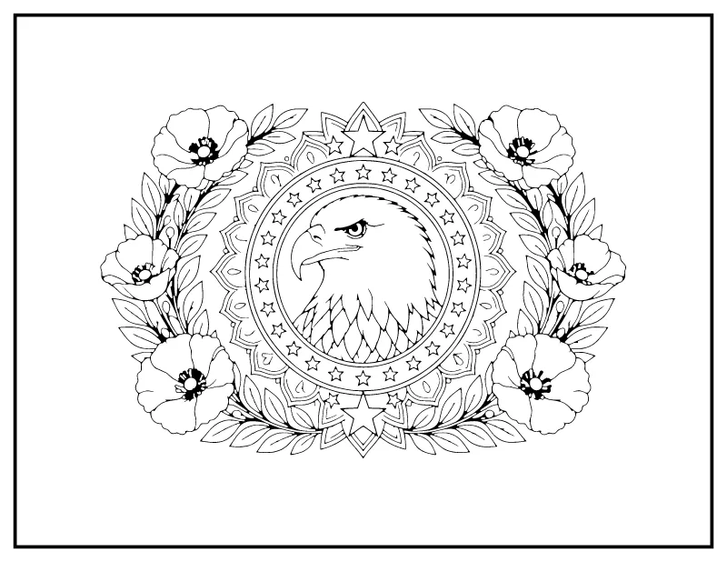 Veterans Day Mandala with Eagle and Poppies coloring page – printable black and white line art