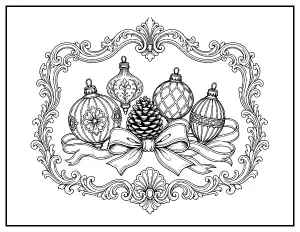 Vintage Christmas Ornaments in an Ornate Frame coloring page – printable line art