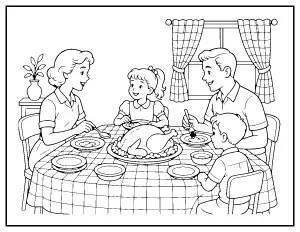Vintage 1950s Family Thanksgiving Dinner coloring page – printable line art
