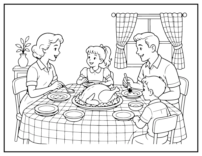 Vintage 1950s Family Thanksgiving Dinner coloring page – printable black and white line art