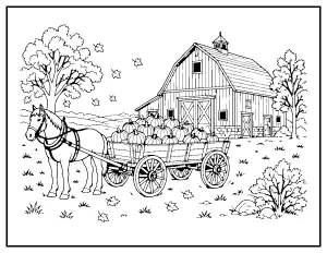 Vintage Farm Wagon Harvest coloring page – printable line art
