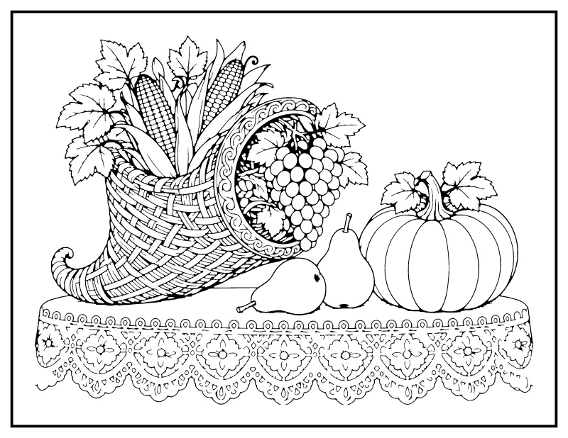 Vintage Harvest Still Life coloring page – printable black and white line art
