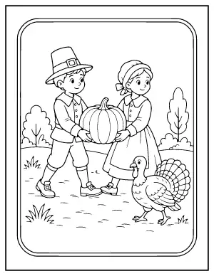 Vintage Pilgrim Children Postcard coloring page – printable line art