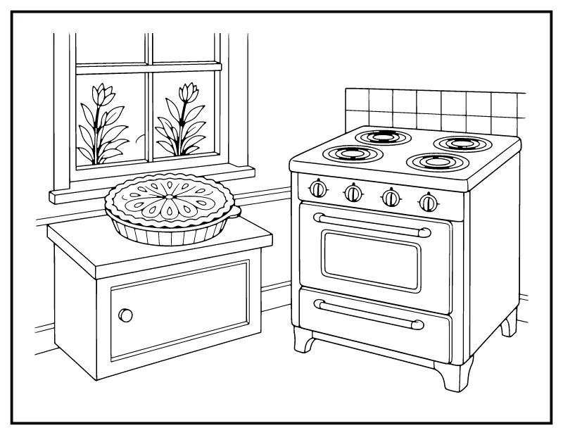 Vintage Kitchen with a Pumpkin Pie coloring page – printable black and white line art
