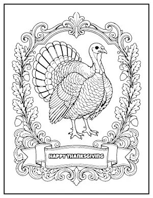 Vintage Happy Thanksgiving Turkey Postcard coloring page – printable line art