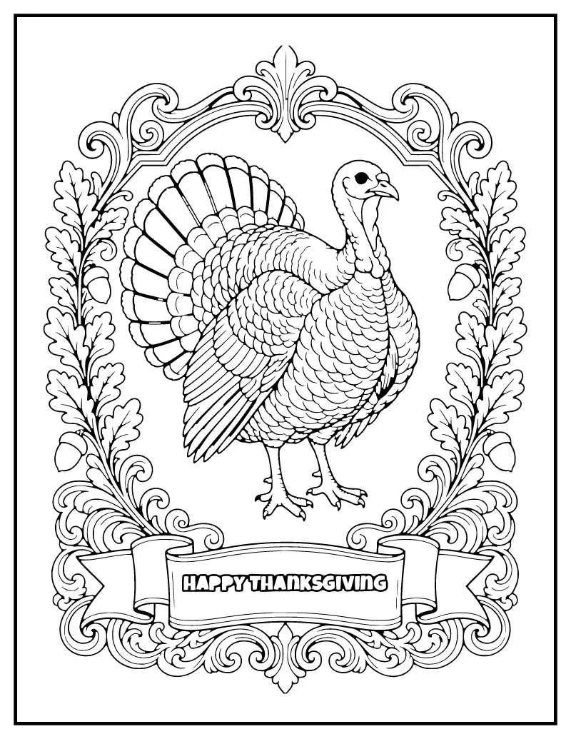 Vintage Happy Thanksgiving Turkey Postcard coloring page – printable black and white line art