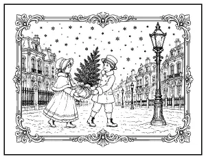 Vintage Victorian Christmas Street coloring page – printable line art