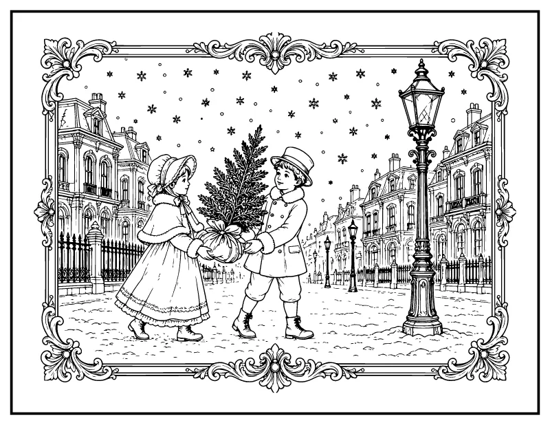 Vintage Victorian Christmas Street coloring page – printable black and white line art