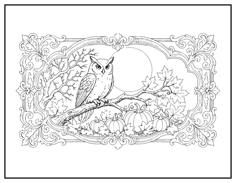 Vintage Victorian Owl for Adults coloring page – printable black and white line art