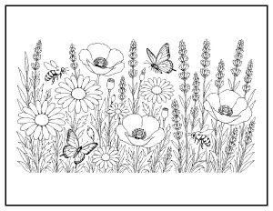Wildflower Meadow with Bees coloring page – printable line art