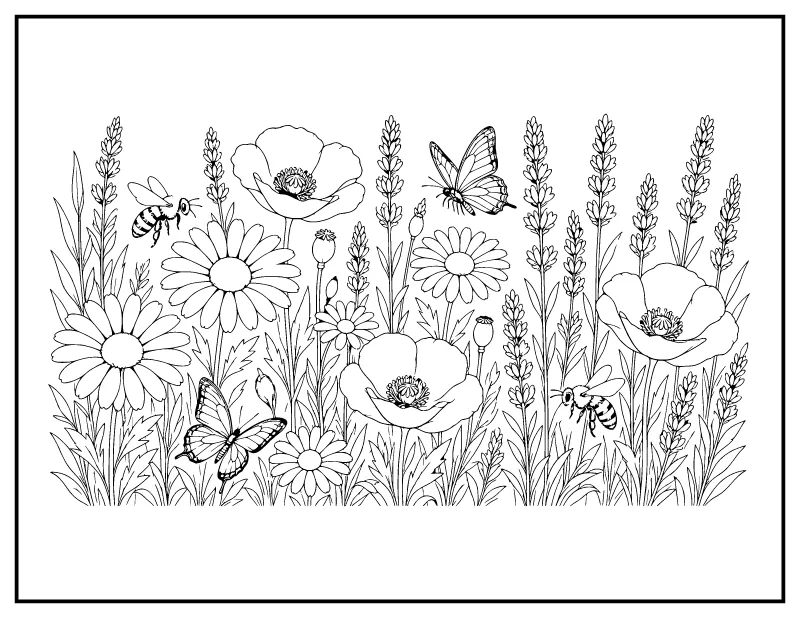 Wildflower Meadow with Bees coloring page – printable black and white line art